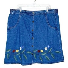 Vtg CAROLINA BLUES Women's Denim Floral Embroidered Mini Skirt 90's Cottage - 16