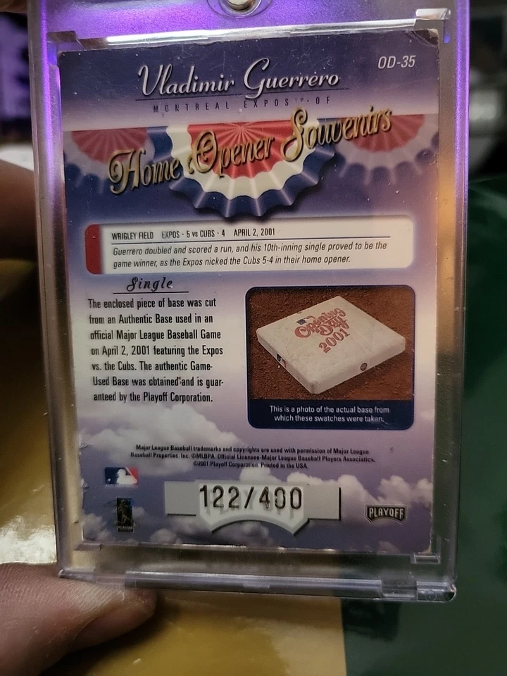 2001 playoff absolute memorabilia GAME USED BASE #OD-35 SN #122/only400 HOMEBASE - Image 2 of 4
