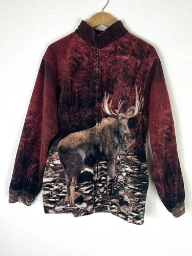 Wildkind Moose Animal Print Full Zip Fleece Collared Jacket Red Brown Unisex L - product listing photo