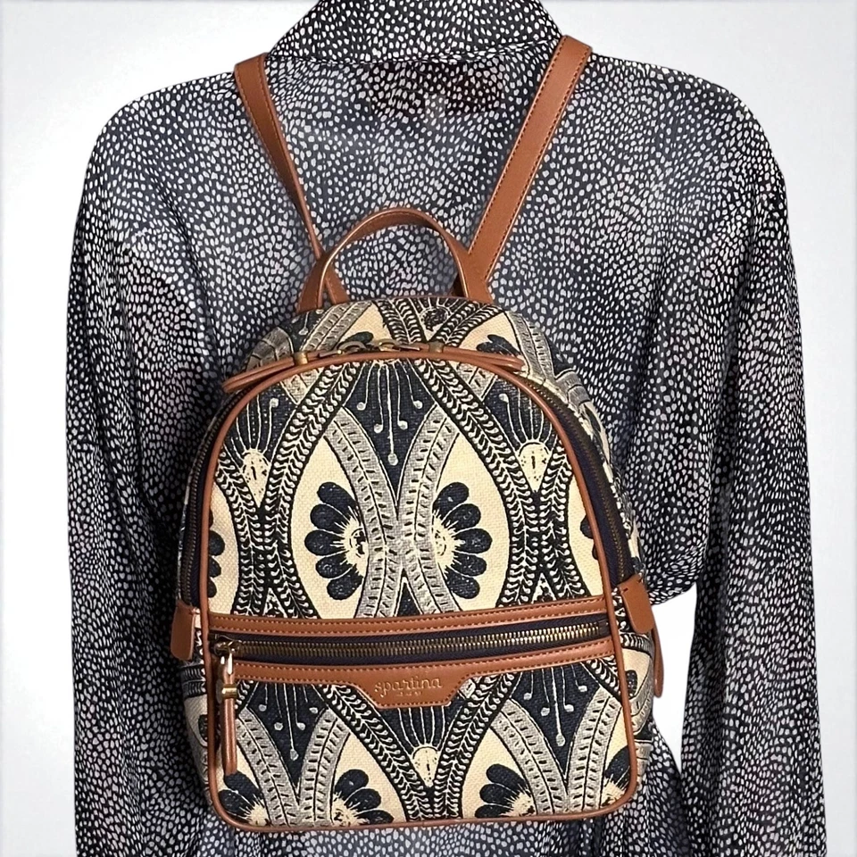 Mochila Spartina 449 Daufuskie Island Azul Beige Lino Cuero Escapada Escuela Foto 2 de 4