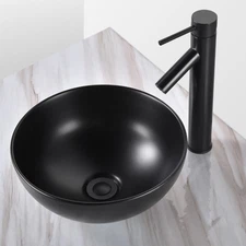 12 inch Round Bathroom Ceremic Vessel Sink Porcelain Black Basin Pop up Drain