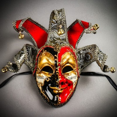 Venetian Jester Mask. Red Black Joker Mask. Mardi Gras Halloween Mask