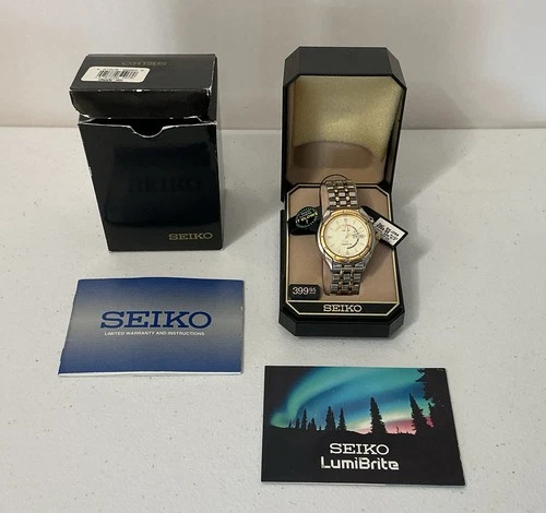Vintage Kinetic Seiko Lumibrite Gold/Silver Tone Wristwatch With Original Box +