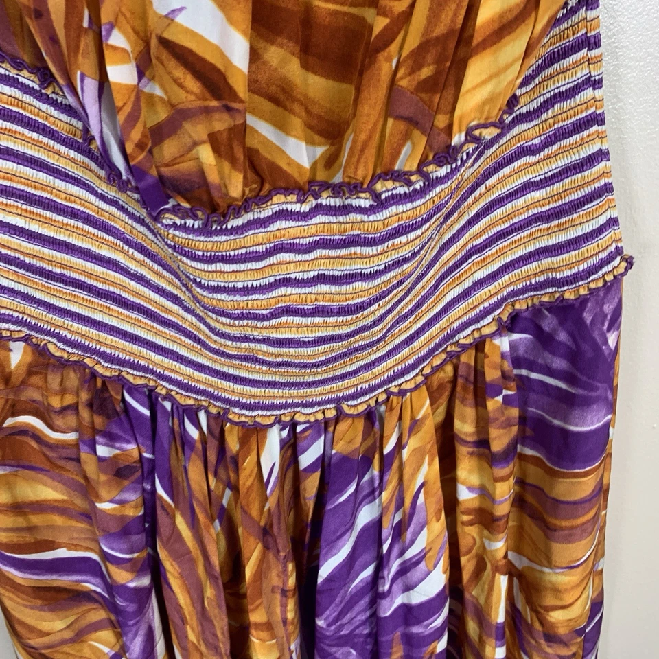 Maxi Vestido BCBG Maxazria 100% Seda Estampado Tropical Sin Tirantes Naranja Púrpura L Foto 4 de 4