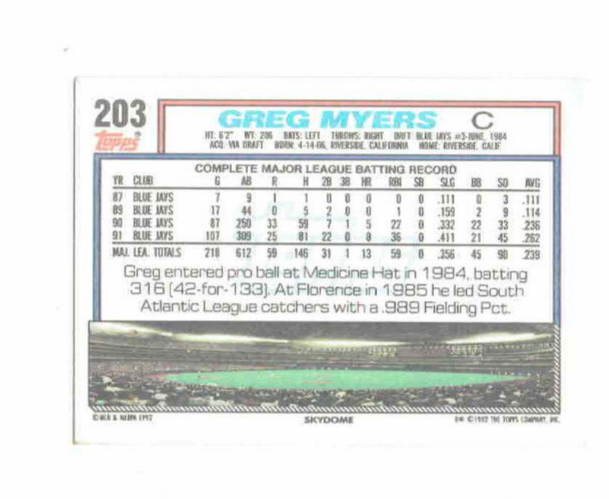 Greg Myers Toronto Blue Jays Catcher #203 Topps 1992 Baseball Card