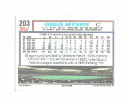Greg Myers Toronto Blue Jays Catcher #203 Topps 1992 Baseball Card