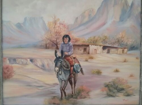 Bunte Vintage Volkskunst westliche Landschaft Gemälde ""Ossie Lee Pehy Arledge""! - Bild 1 von 10