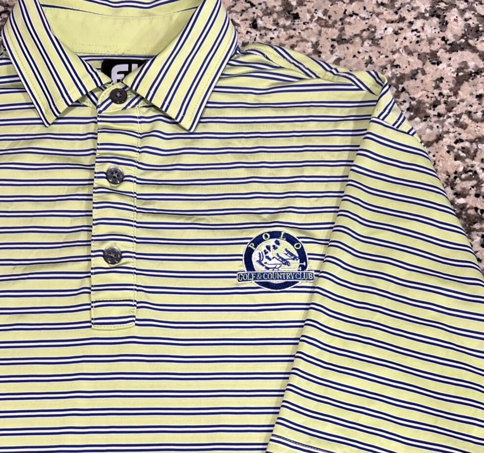 Footjoy Men Short Sleeve Polo Shirt Lime Green Stripe Polo Golf & Country Club M