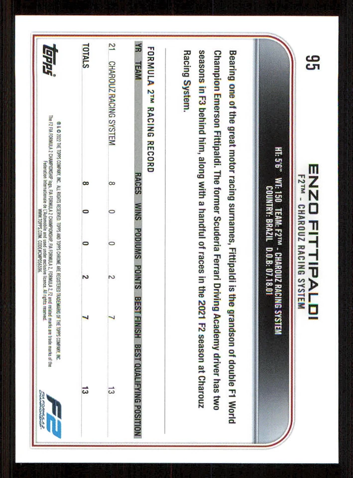 2022 Topps Chrome Formula 1 #95 Enzo Fittipaldi - Image 2 of 2