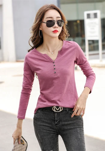 Womens Cotton Long Sleeve T Shirt Loose V Neck Slub Cotton Casual Blouse Tops US - Bild 19 von 49