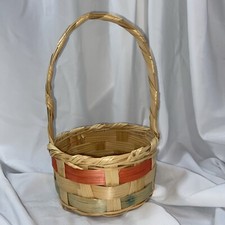 Vintage 1950's Bamboo Wicker Pink Blue Splints Easter Basket Mexico Round