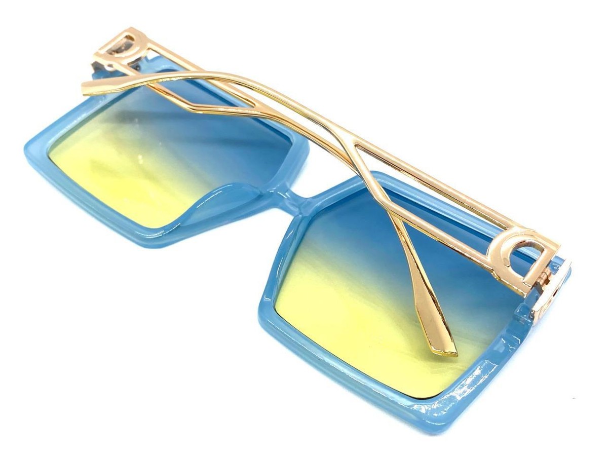 EASON EYEWEAR Unisex Fashion Blue  Oversize Sunglasses Gold Arm Square Eye Frame Gold Grandpa Oversized Square Gradient Sunglasses with Blue  main image 2