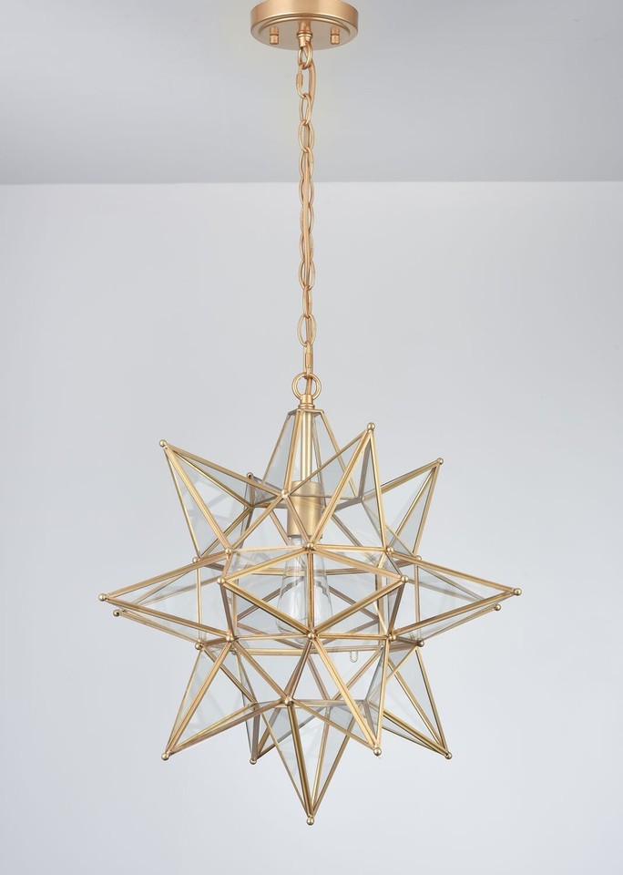 20 Inch Gold Large Moravian Star Pendant Light Mid Century Clear Glass ...