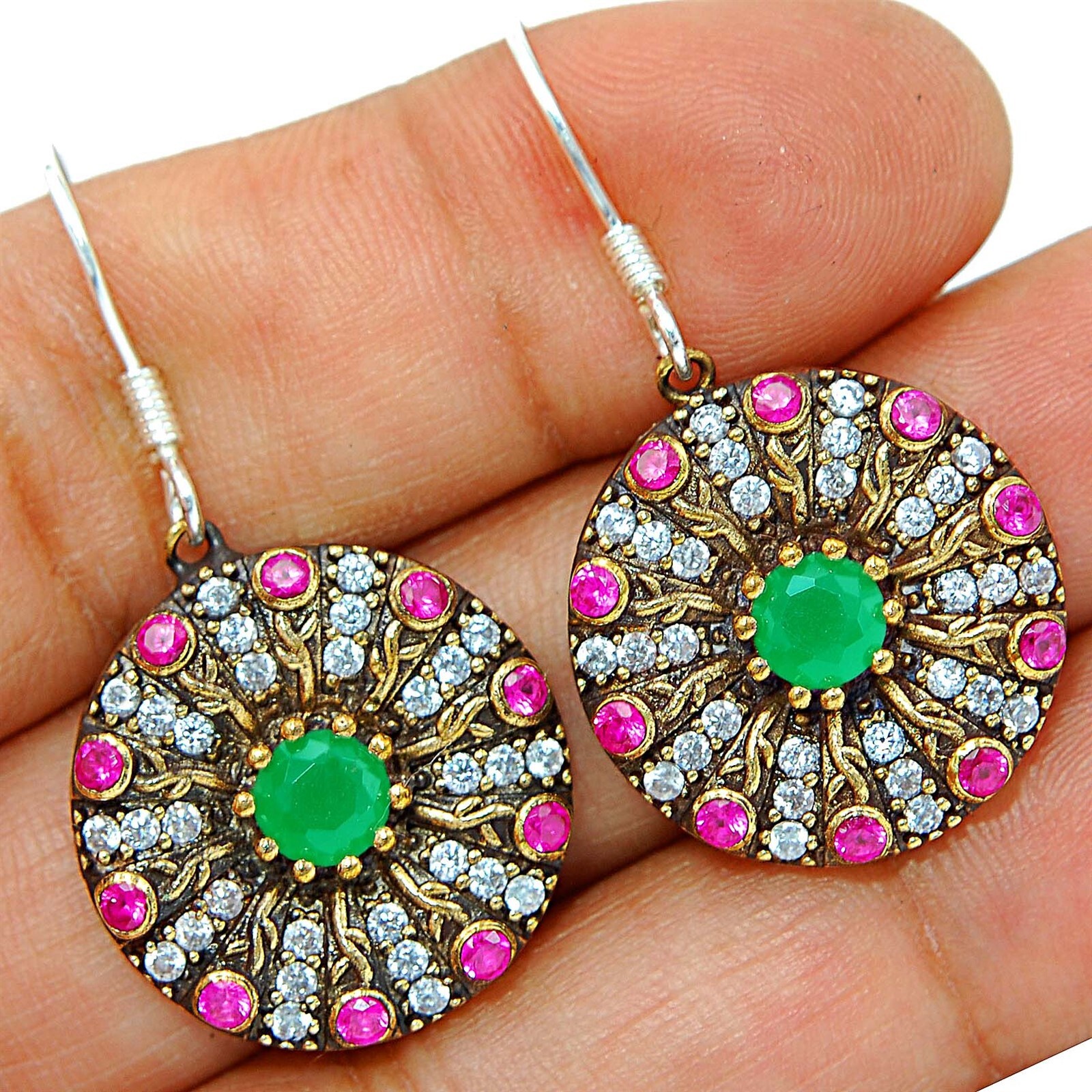 Ottoman Empire Inspired 8CT Treated Emerald 925 Sterling Silver Earrings TE1671