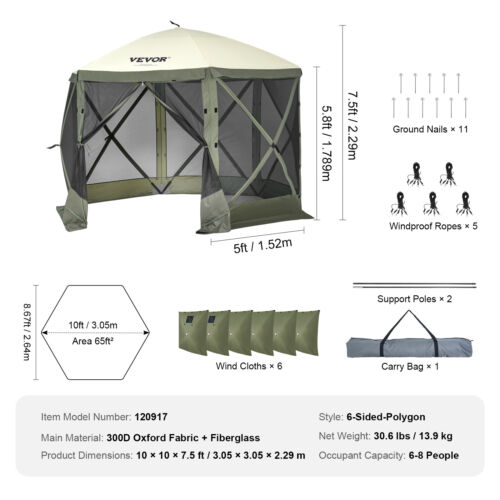VEVOR Pop Up Gazebo Tent Pop-Up Screen Tent 6 Sided Canopy Sun Shelter Green - Picture 7 of 12