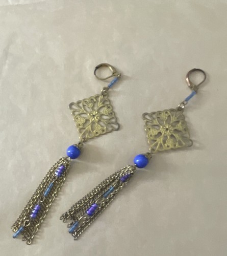 Vintage Earrings Pierced 5”Fringe Dangles Brass Tone Blue Purple Light Blue - Picture 3 of 5