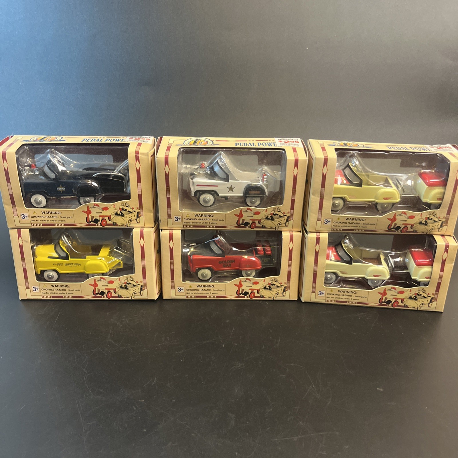 6 Vtg Pedal Power Die Cast 1:10 Metal Car Lot Police Dump Tr