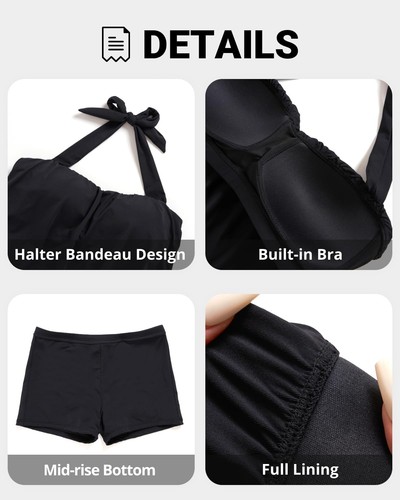 Black Women Two Piece Tankini with Shorts - Blouson Bathing Suit Halter Bande... - Picture 4 of 7