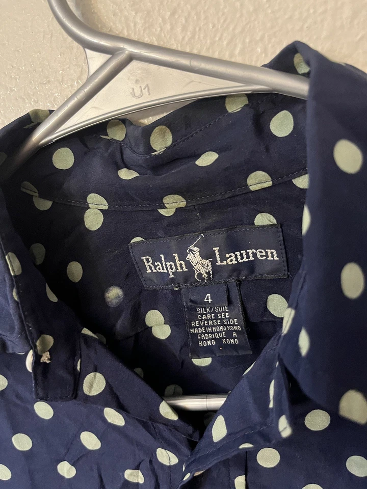 Blusa De Colección Ralph Lauren 100% Seda Azul Marino Lunares Cuello Botones Delanteros Talla 4 Foto 3 de 4