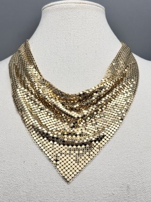 Whiting Davis Necklace Goldtone Mesh Bib 18  7  Drop Vintage