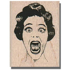 Wood Rubber Stamp, SCREAMING LADY, Face,Halloween,Person,Head,Eyes,Woman,Horror