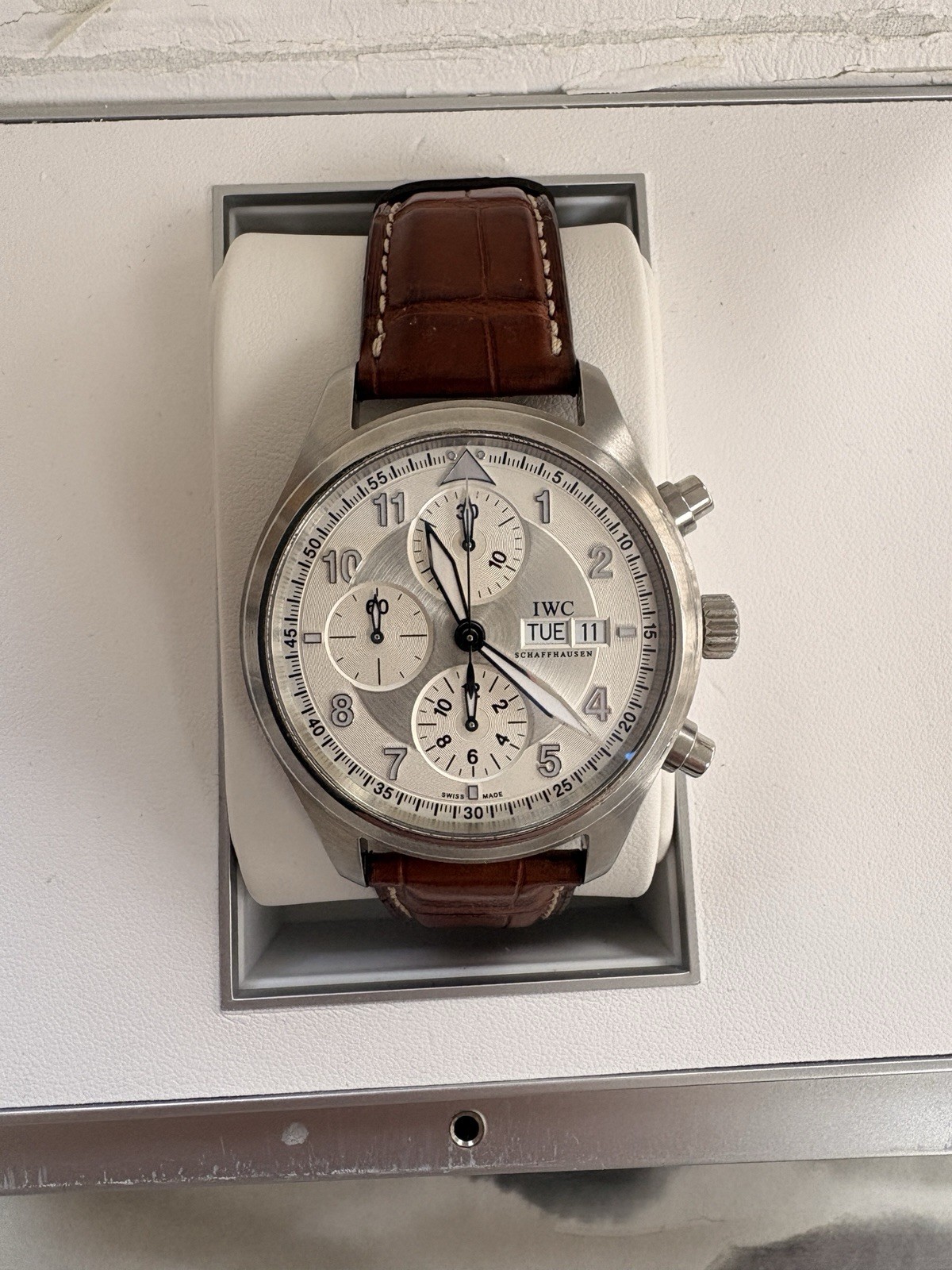 IWC Spitfire Chronograph Silver Dial Automatic Brown Strap With Box & Papers