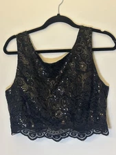 City Studio Womens Sequined Lace Trim Crop Top Black Size 11 Zipper Back