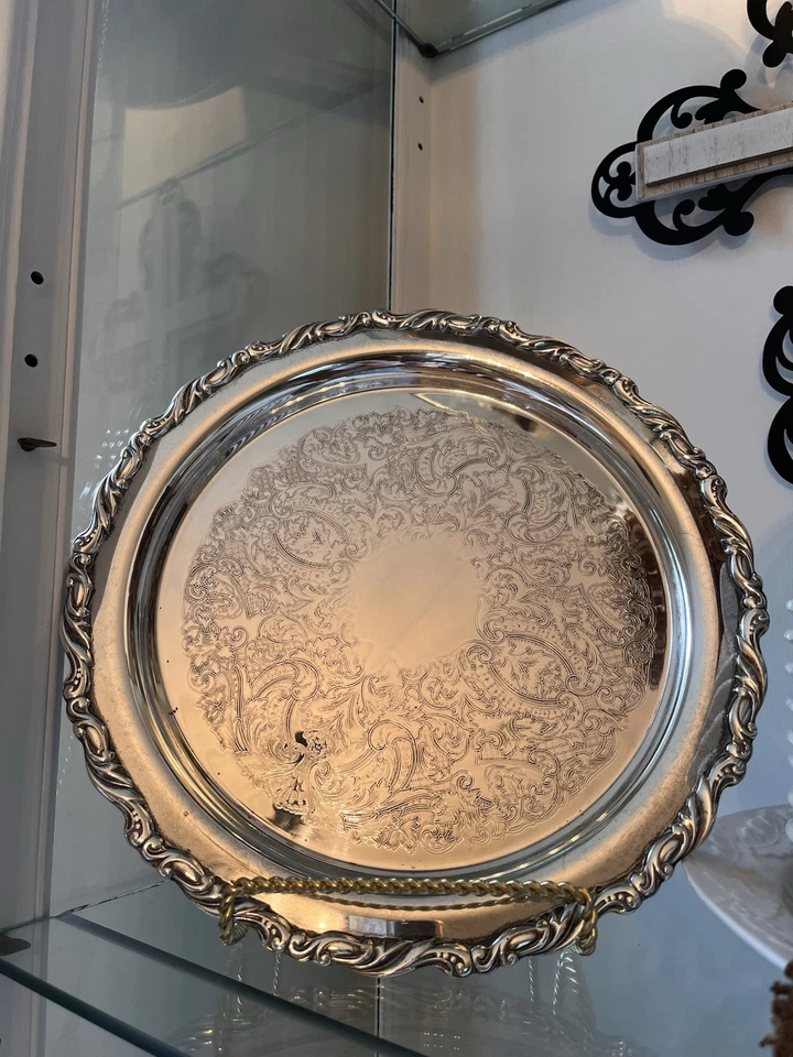 Vintage ONEIDA USA OL Silver Plated Ornate Design 12” Round Serving Tray Platter - Image 3 of 4