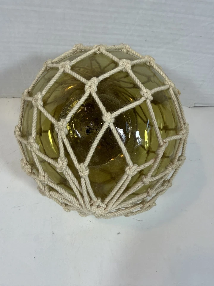 Japanese Glass Fish Floats With Netting Olive Amber 6-7” Diameter Hand Blown Vtg - Image 2 of 4