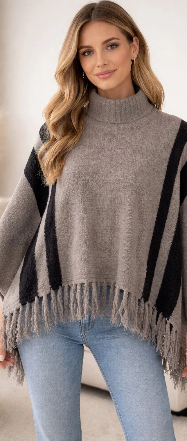 Barefoot Dreams Cozychic Poncho One Size Tan Black Tassel Bottom Cozy Comfy