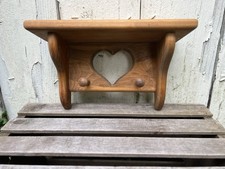 VTG Wood Wall Shelf With Heart Cutout 2 Pegs Handmade Rustic Farmhouse 12"