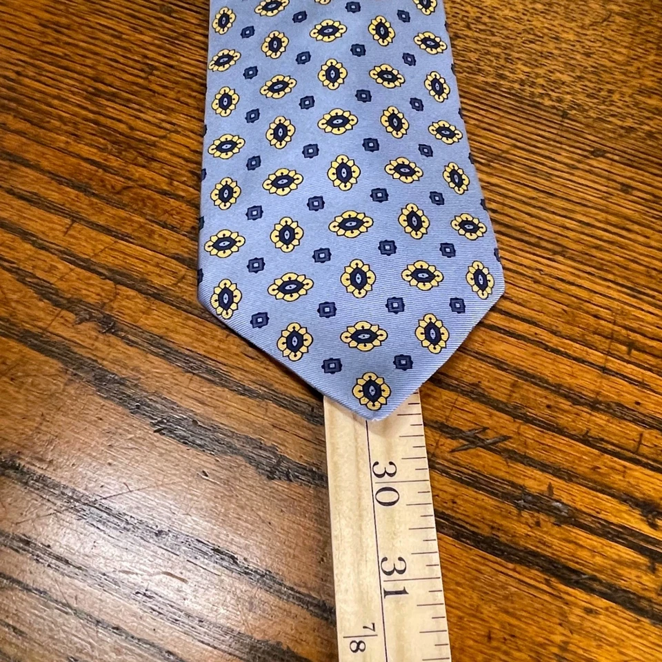 Corbata ejecutiva Lands End para hombre azul claro amarillo medallón seda preppy clásica Foto 4 de 4