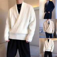 Men Korean Style Sweater Casual Deep V Neck Lapel Loose Fit Knitted Pullover