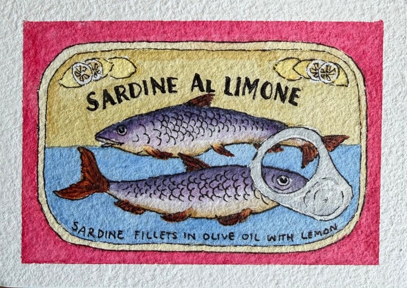Original ACEO Lemon Sardines Watercolor Painting OOAK Miniature Art