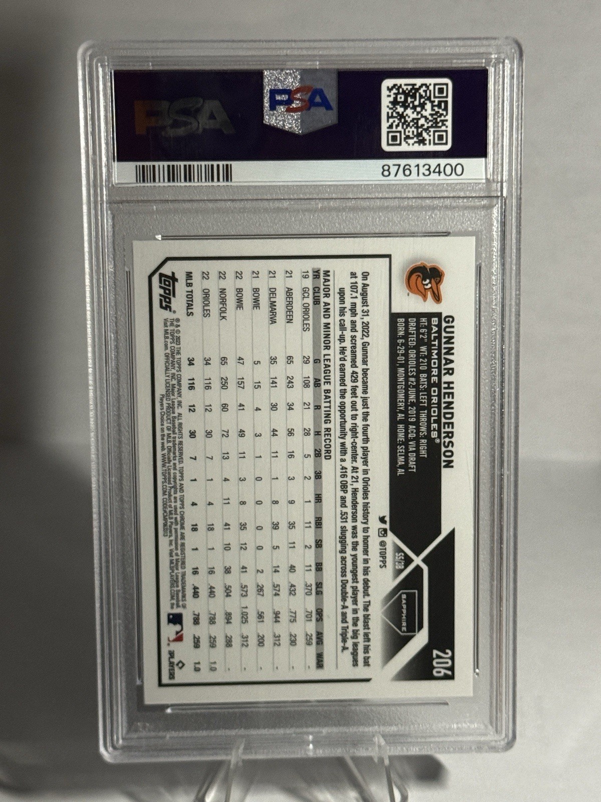 2023 Topps Chrome Sapphire Gunnar Henderson #206 RC PSA 10 Baltimore Orioles view 2