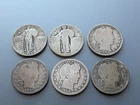 90% Silver lot of 6 Barber and SLQ Quarters, mixed dates, all circulated