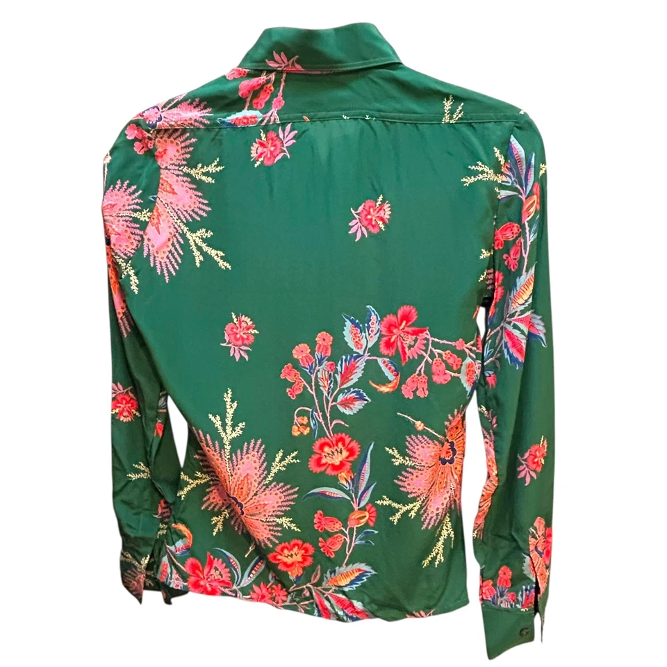 Blusa de seda Franck Olivier Paris años 70 francesa talla 40 verde floral cuello daga Foto 2 de 4