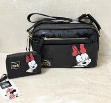 Disney Minnie Mouse Double Zip Crossbody Bag & Zip Around Tri Fold Wallet*-NEW