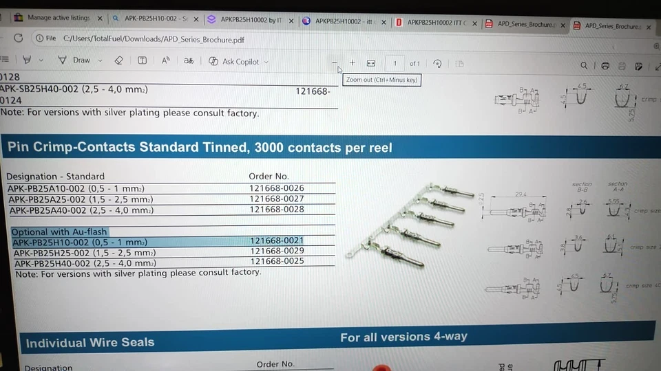 96 PIEZAS CORTE GRIFO ITT CAÑÓN APK-PB25H10-002 Pin Contacto Tamaño 2,5 mm Crimpado Dorado Foto 3 de 4