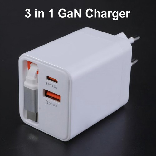 Ładowarka 3 w 1 GaN z kablem typu C i 2 portami USB na zewnątrz (biała US) - Zdjęcie 12 z 12