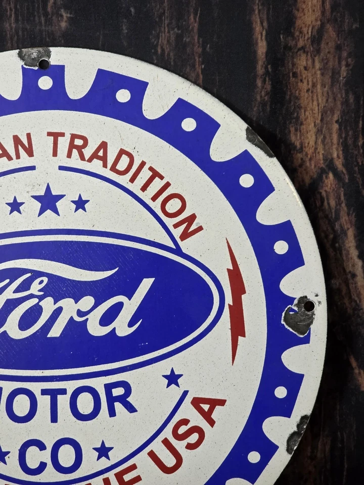 VINTAGE FORD MOTOR CO. BUILT IN THE U.S.A. PORCELAIN DEALERSHIP SIGN 12". - Image 3 of 4