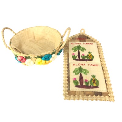 Wicker Round Basket 7 in Handles Letter Holder 13 in Vintage Raffia Lined 1960s