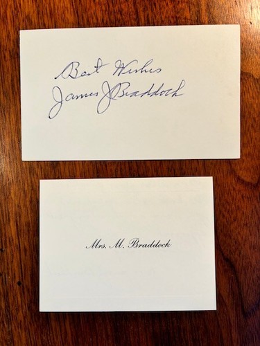 Pristine "Cinderella Man" JAMES J BRADDOCK Signed Card & Wife's Historical note