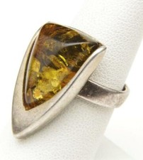 Vintage Artisan Modernist Amber ATI 925 Poland Sterling Silver Ring Sz 7.5
