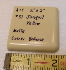 Jonquil Yellow; 2" X 2" X 5/16" Ceramic Bullnose Corner Tile; made 1940 - 70's