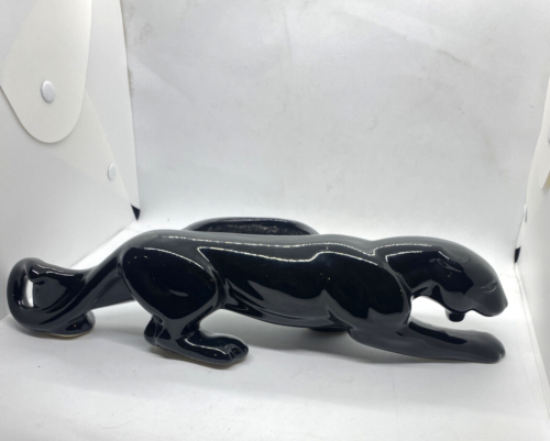 VTG MCM MID CENTURY HIGH GLOSS STALKING BLACK PANTHER CAT 15" CERAMIC PLANTER - Picture 1 of 4