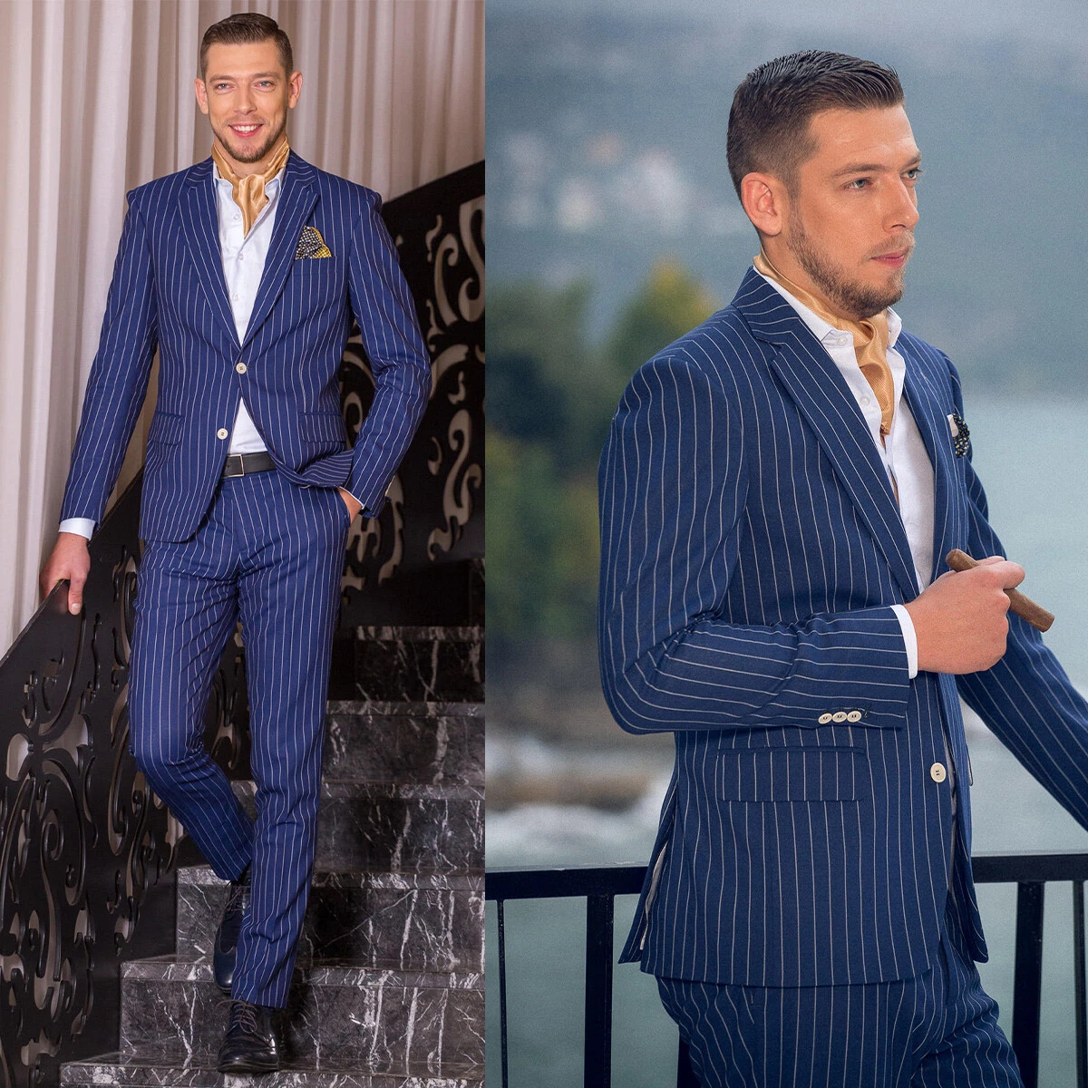 Striped Men Suits Slim Fit Business Jacket Pant Single Breasted