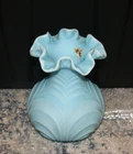 Large Vintage Fenton Blue Custard Satin Glass Drapery Vase Crimped Ruffled