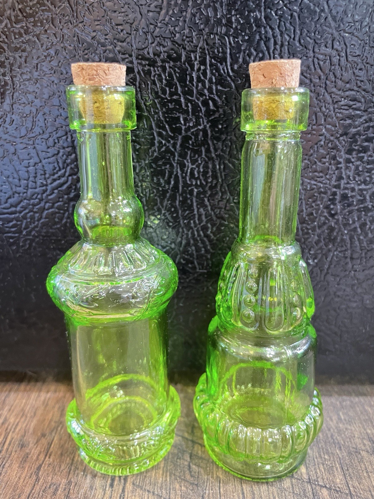 2 Green GLASS Bottles with Corks 4 3/4" Tall URANIUM