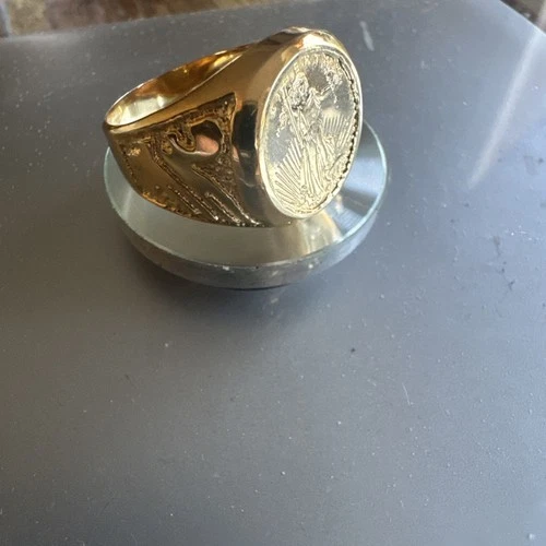 Gold plated stainless steel Liberty replica coin ring Size 11.25 Marked SS, HC